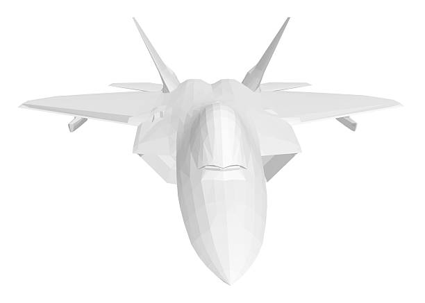 istock Low poly fighter jet in white with sleek aerodynamic design, pointed nose, curved wings, and upward tail. Combat aircraft isolated on solid white background. 2247754185