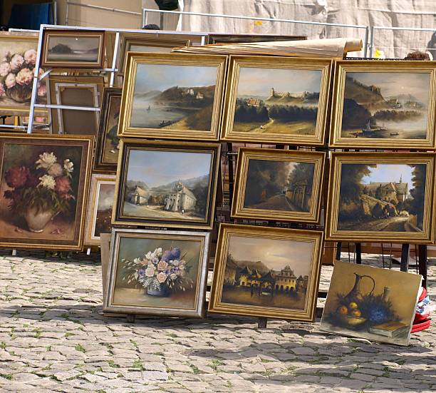 Colorful paintings on the market square in Kazimierz Dolny, Poland