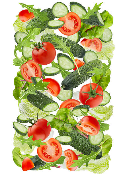 istock Healthy eating background. Fresh vegetables as DNA spiral. Salad ingredients - cabbage, tomatoes, cucumber, leafy greens fly, isolated. Great for farm-fresh organic produce, culinary advertising. 2247758110