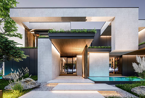 istock 3d rendering of two-story house with concrete facade in evening 2247759177