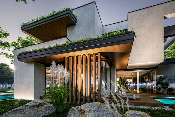 istock 3d rendering of two-story house with concrete facade in evening 2247759191