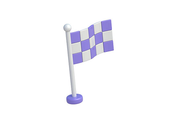 Purple checkered flag isolated on white background. Start or finish. Sports accessory. 3d render