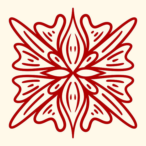 Abstract Red Symmetrical Floral Ornament. ​Tribal or Ethnic Circular Monoline Design. ​Traditional Decorative Element Line Art. ​Mandala Style Geometric Flower Shape. ​Simple Red Monogram or Logo Design