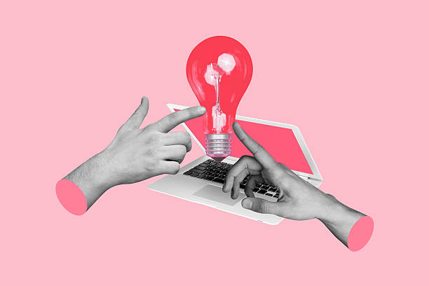 istock Composite artwork 3D photo collage trend of laptop internet online virtual technology two hand reach idea bulb creative solution challenge 2247767766
