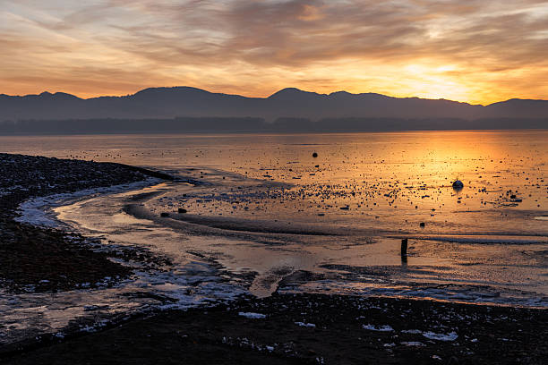 A frozen lakeshore catches the warm sunrise glow while distant mountains rest in soft morning light.