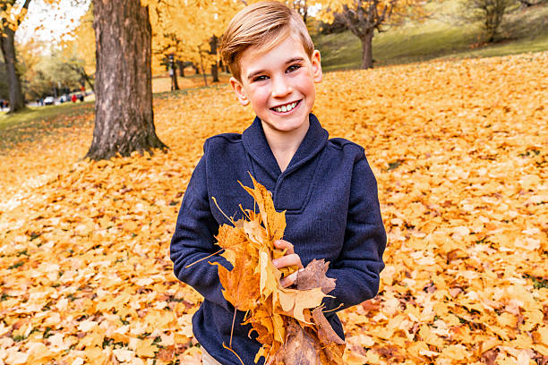 A boy in a burgundy sweater joyfully throws fallen leaves. Golden autumn.