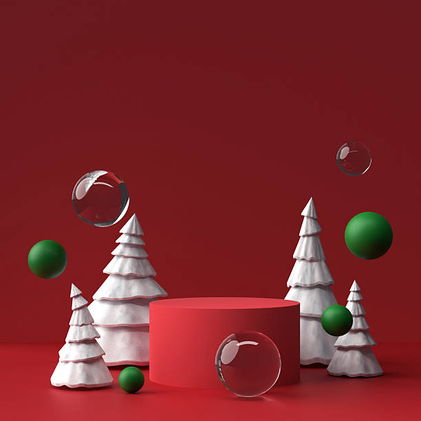 istock Christmas product display mockup. Red cylindrical podium with abstract white snow-covered trees and floating green and clear glass ornaments against a deep red background. Perfect for holiday sales 2247779502