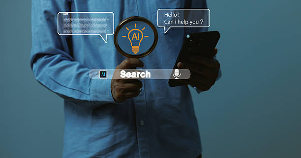 istock Search AI virtual assistant concept showing person using smartphone , holding magnifying glass digital chatting box data icons, perfect technology, innovation, machine learning, smart search solutions 2247780921