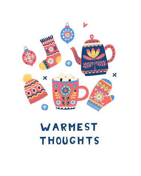 Warm Winter Hygge Set with Teapot, Mug, Mittens and Ornaments, Hot Cocoa and Knitted Accessories. Cozy Holiday Illustration. Scandinavian Folk Art Greeting Warmest Thoughts Winter Card Design.
