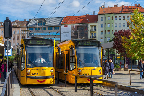 Yellow BKK line 4 trams at Szell Kalman Square terminus.