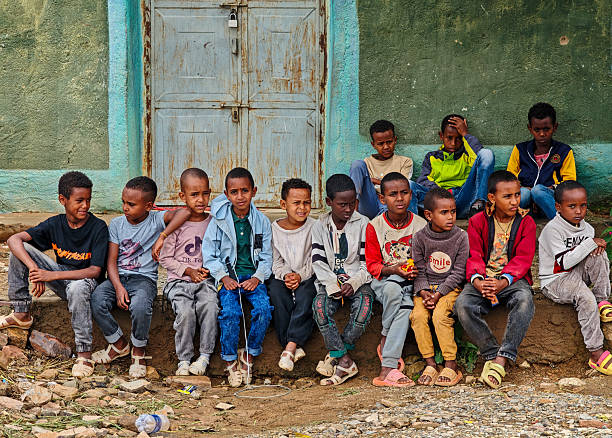 Group of happy African children from Samburu tribe, Kenya, Africa. Samburu tribe is north-central Kenya, and they are related to  the Maasai.