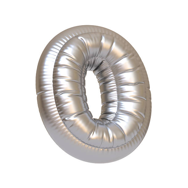 Metallic silver balloon in the shape of the number 0, isolated on a white background, ideal for birthdays, anniversaries, and celebrations. 3D render illustration