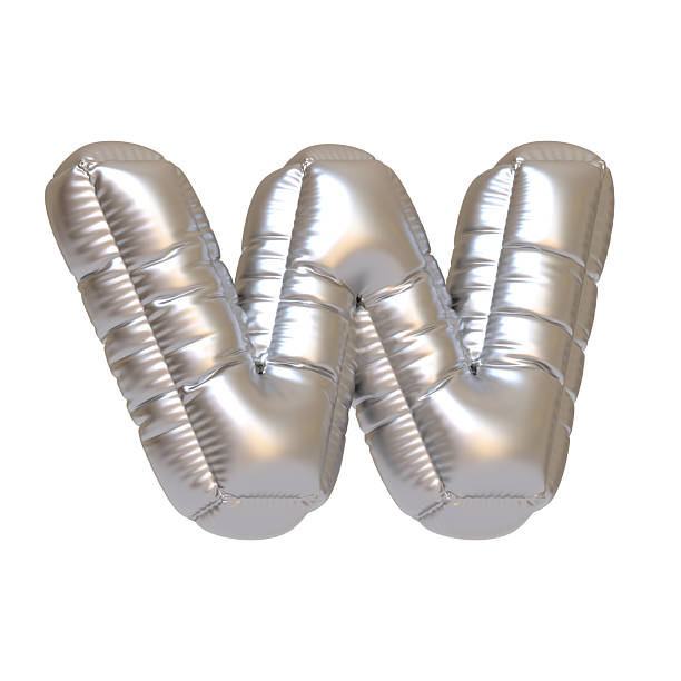 Shiny silver balloon shaped as the letter W, ideal for festive decorations, celebrations, or metallic-themed displays and events. 3D render illustration