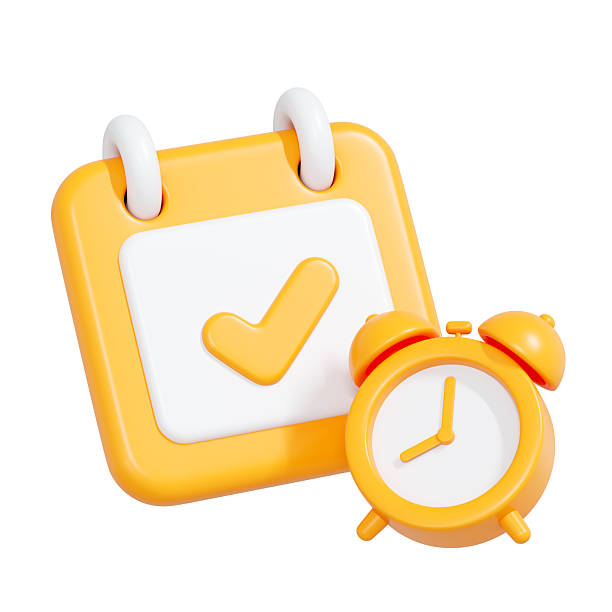 3D render of yellow calendar with check mark and clock symbolizing planning and time management