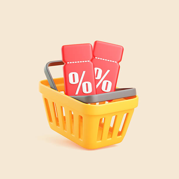 istock Yellow Shopping Basket with Red Discount Coupons 2247789519