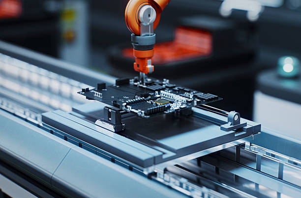 A precision robotic arm mounts a motherboard on an automated assembly line in a modern electronics factory, highlighting advanced manufacturing, tech, and efficiency.