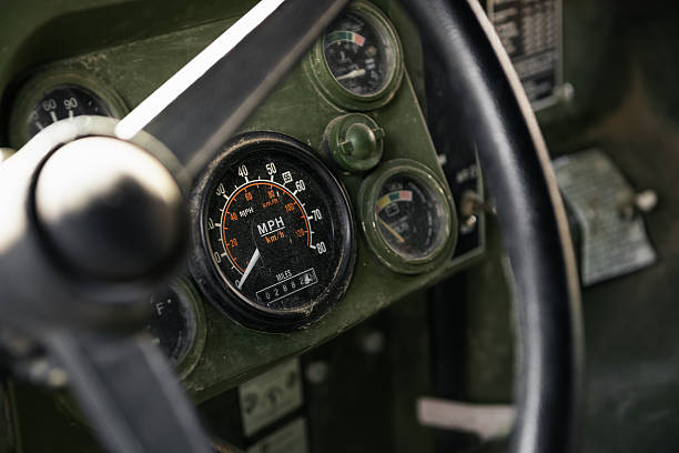 POV: behind the wheel of an old truck with analog gauges.