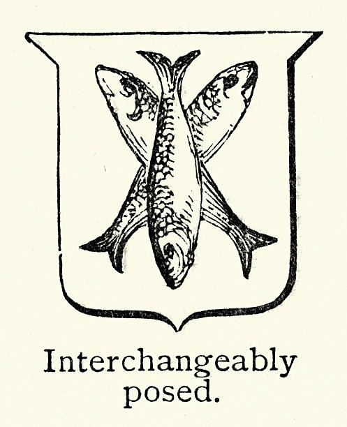 History of Heraldry, Shield, Three Fish, Interchangeably posed, Vintage illustration, 19th Century, Victorian
