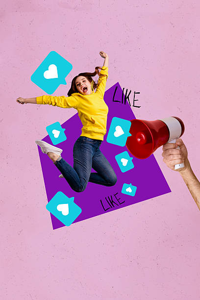 istock Collage of crazy jumping influencer like icon with heart symbolizing internet popularity social media trends 2247797622