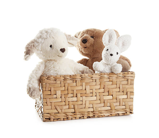 istock Different soft toys in wicker basket isolated on white 2247798257