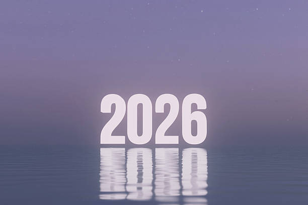 istock Year 2026 with a stunning reflection on a calm water surface. The background is a serene lavender night sky with subtle stars. Perfect for themes of time, tranquility 2247799357