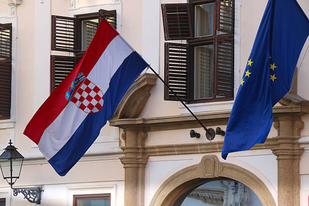 istock Croatian and EU Flag in Zagreb, Croatia 2247804211