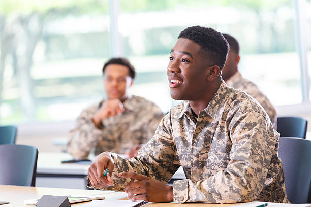 istock Young military recruits in uniform participating in a classroom discussion, listening attentively 2247804662