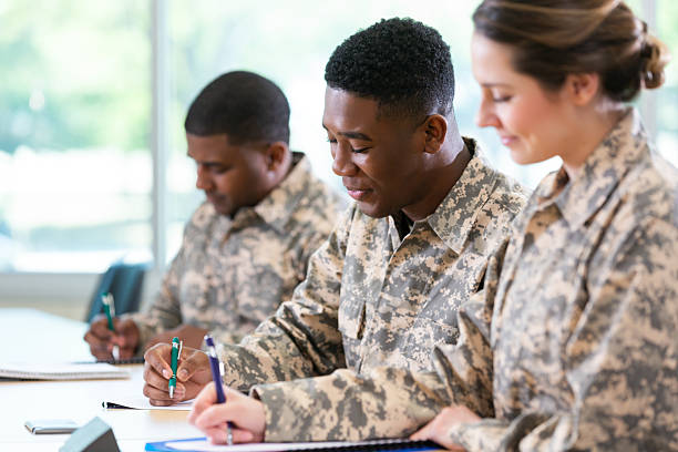 istock Military personnel in camouflage uniforms attending a class, taking notes with pens. 2247804666