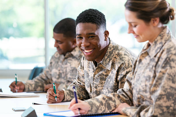 istock Soldiers smiling and writing notes in a classroom setting during military training. 2247804676