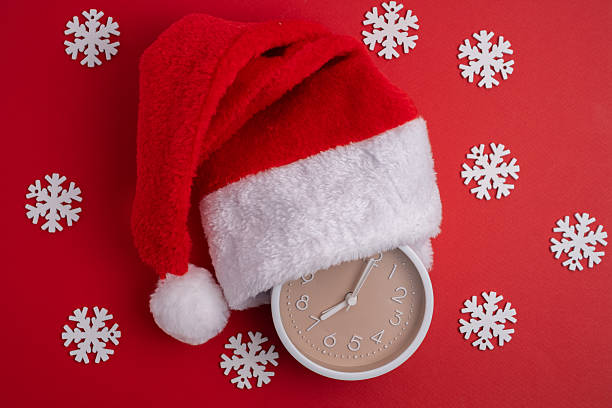 istock Santa hat alarm clock on  snow flake background. Christmas countdown. 2247804750
