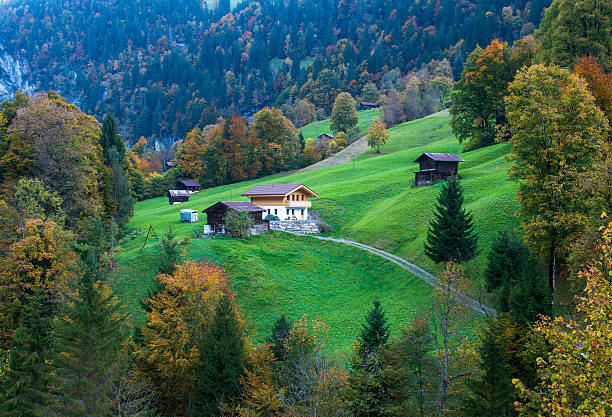 Autumn mountain scenery in Lauterbrunnen village, Switzerland.