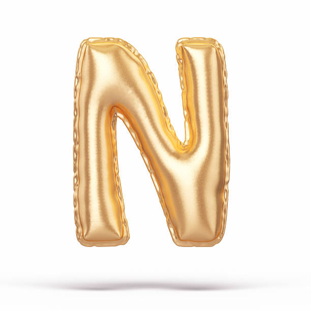 3d Render Yellow metallic letter N in balloon shape (Object + Shadow Clipping path)