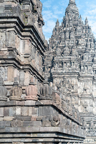Panoramic view of Prambanan Temple in Yogyakarta, Indonesia. Ancient Hindu temple complex, UNESCO World Heritage Site, known for its detailed stone carvings and iconic architecture