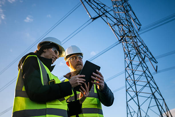 utility power line workers examining electrical pylons - elektrische leiding stockfoto's en -beelden