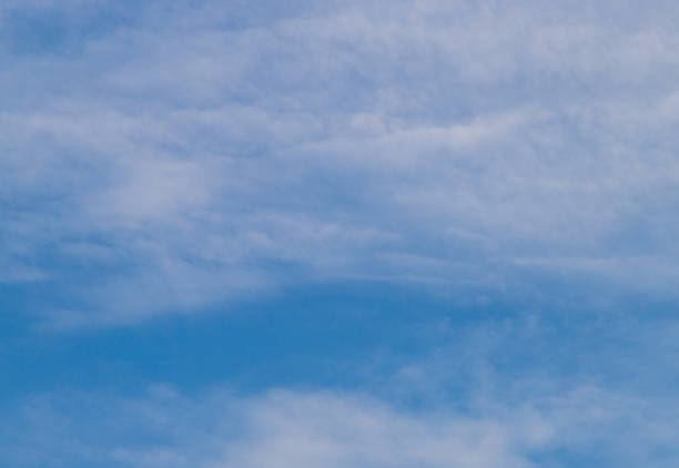 Blue sky filled with scattered white clouds. Fluffy cirrus clouds in summer day. Nature cloudscape background