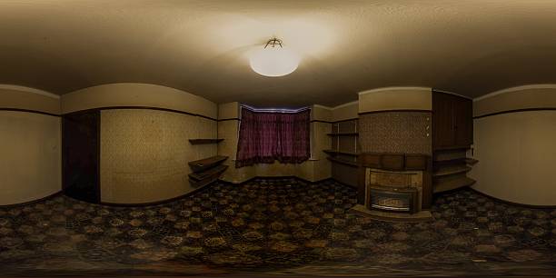 istock 360 degree full sphere panoramic equirectangular photo of an old run down abandoned British home showing the old empty bedroom with carpeted floor 2247826748