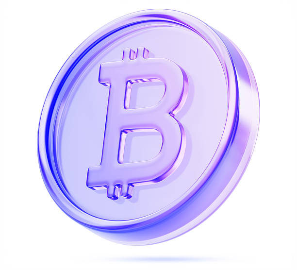 3d glass holographic bitcoin cryptocoin icon render. BTC, bit coin with purple neon gradient, digital currency, electronic money for cryptocurrency exchange. Blockchain technology
