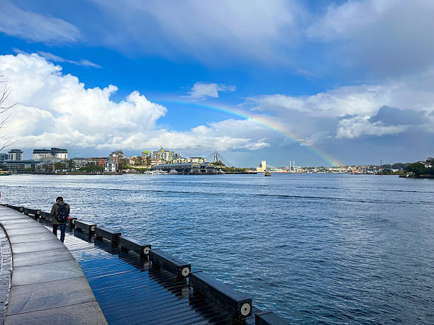 A magnificent double rainbow spans the sky above a serene waterside promenade, where a wooden jetty reaches out across the calm surface of the water