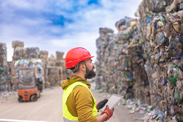 istock Recycling plant employee stands near stacked plastic bottles, using a digital tablet for waste inspection and data collection 2247856579