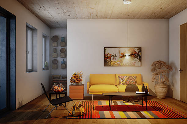 istock Cozy Evening Living Room with Yellow Sofa and Warm Lighting 2247856927