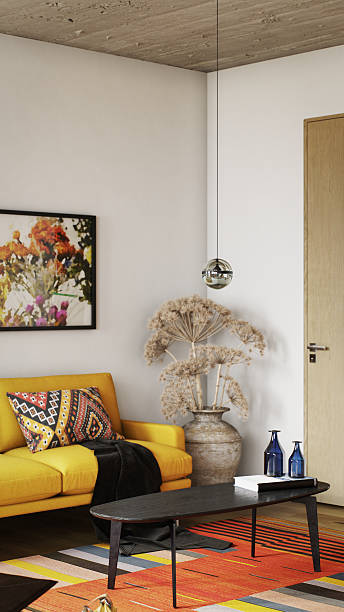 istock Modern Living Room Corner with Yellow Sofa and Glass Pendant 2247856949