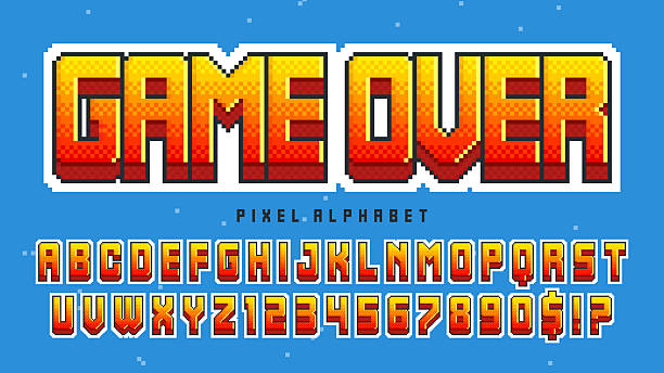Pixel alphabet design. Retro video game style. High contrast and sharp, retro-futuristic. Easy swatch color control.