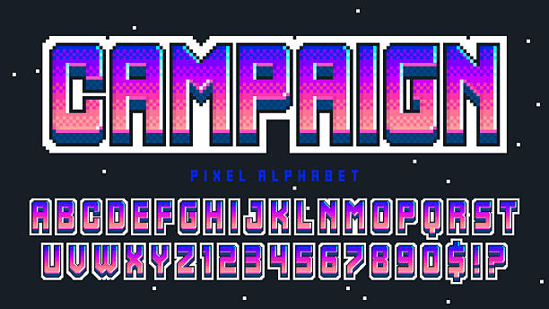 Pixel alphabet design. Retro video game style. High contrast and sharp, retro-futuristic. Easy swatch color control.