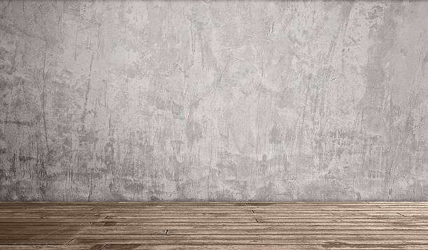 istock Empty Industrial Loft Room Interior Background Template. Rough Gray Concrete Cement Wall Texture Backdrop. Vintage Weathered Wood Floor Planks. Urban Modern Design Blank Copy Space Banner Concept. 2247869418