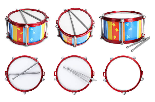 Bright toy drum and sticks on white background, top and side views