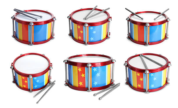 istock Bright toy drums and sticks on white background, set 2247878077