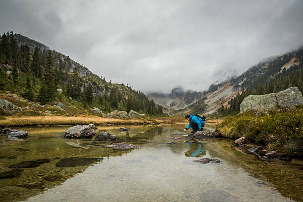 Male hiker pauses on edge of alpine lake on moody day in autumn, Brandywine Meadows, Whistler, B.C.