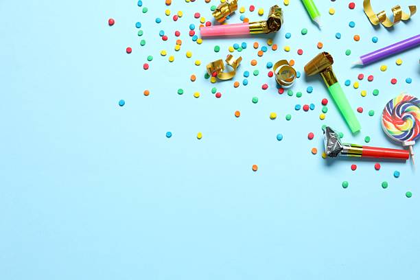 istock Flat lay decoration party on pastel blue background top view 2247891217