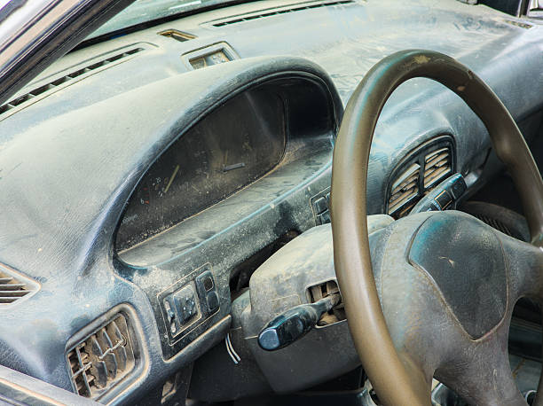 istock Abandoned car covered in dust in indoor setting 2247896470