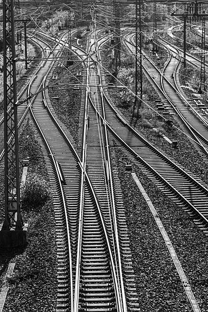 Railway track from right to left in black and white